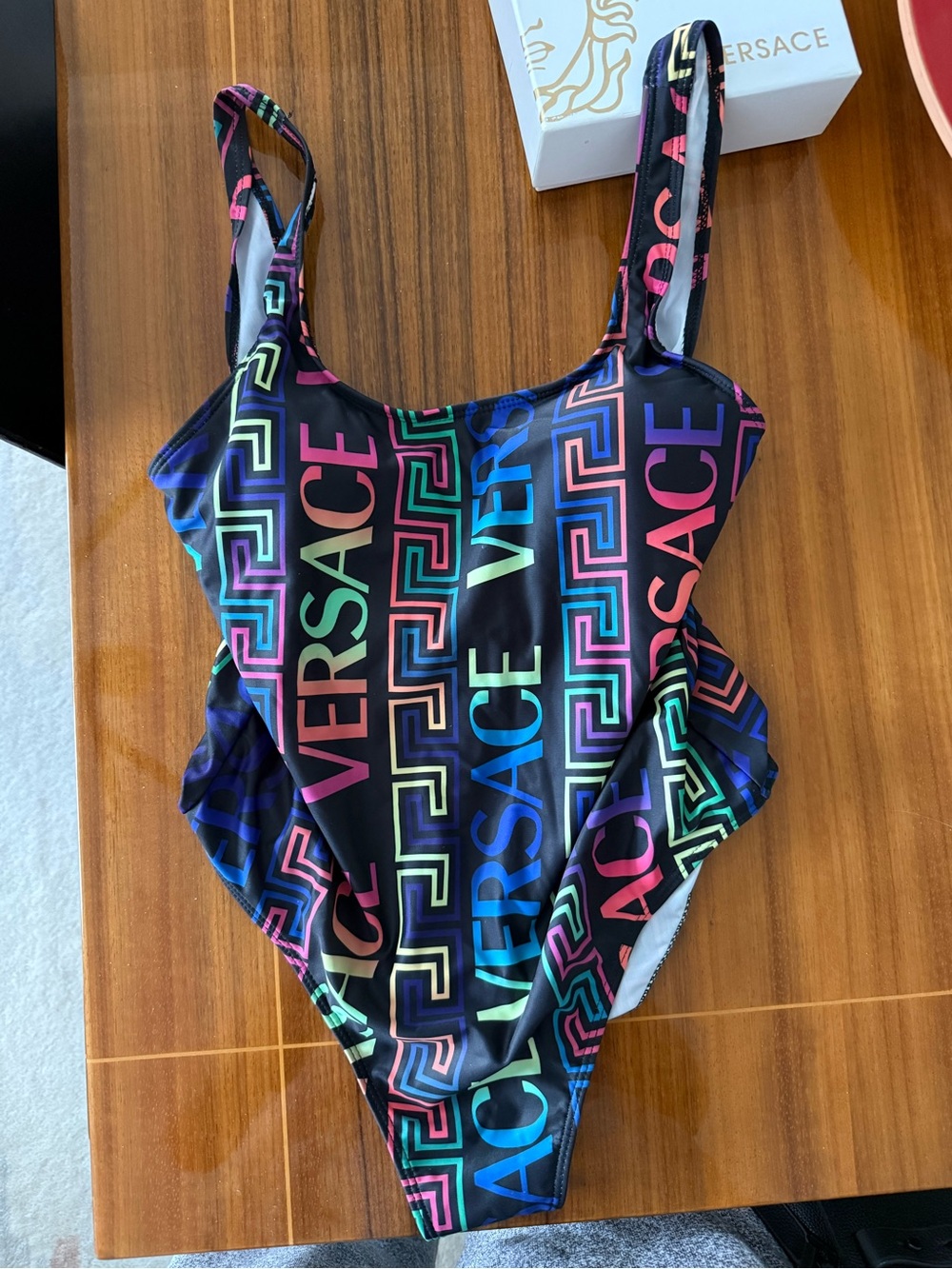 Versace Black One-Piece Swimsuit with Multicolor Logo Print